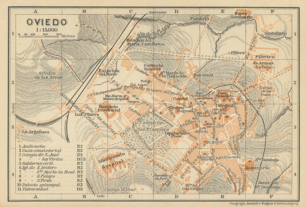 OVIEDO antique town city ciudad plan. Spain España mapa. BAEDEKER 1908 old