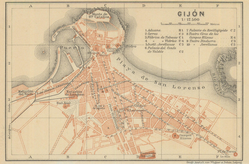 GIJON GIJÓN antique town city ciudad plan. Spain España mapa. BAEDEKER 1908