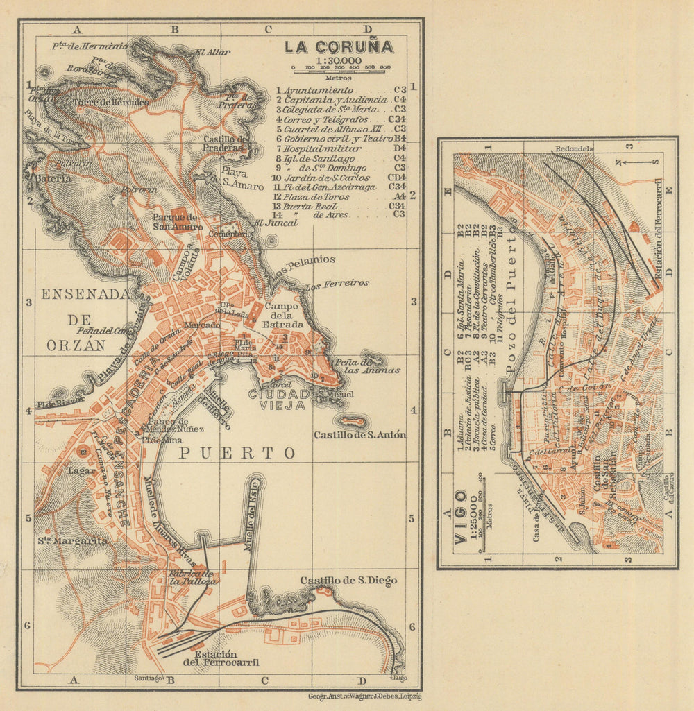 LA CORUÑA & VIGO antique town city ciudad plans. Spain España mapa 1908