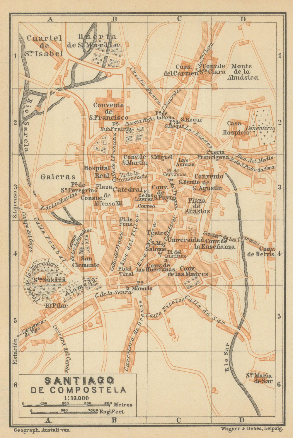 SANTIAGO DE COMPOSTELA town city ciudad plan. Spain España mapa 1908 old