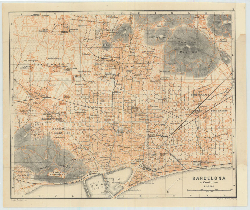 BARCELONA antique town city ciudad plan. Spain España mapa. BAEDEKER 1908