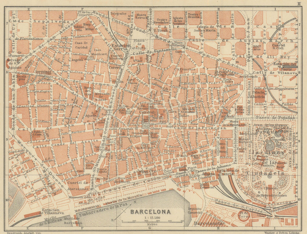 BARCELONA, INNER TOWN city ciudad plan. Spain España mapa. BAEDEKER 1908