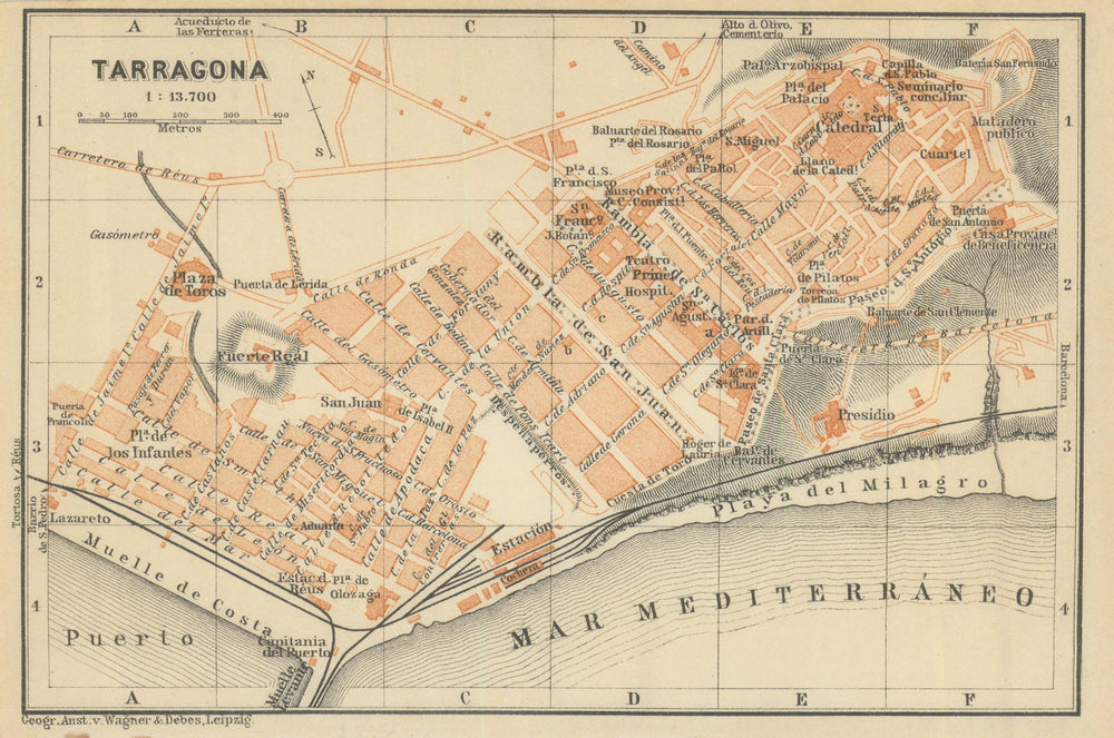 TARRAGONA antique town city ciudad plan. Spain España mapa. BAEDEKER 1908