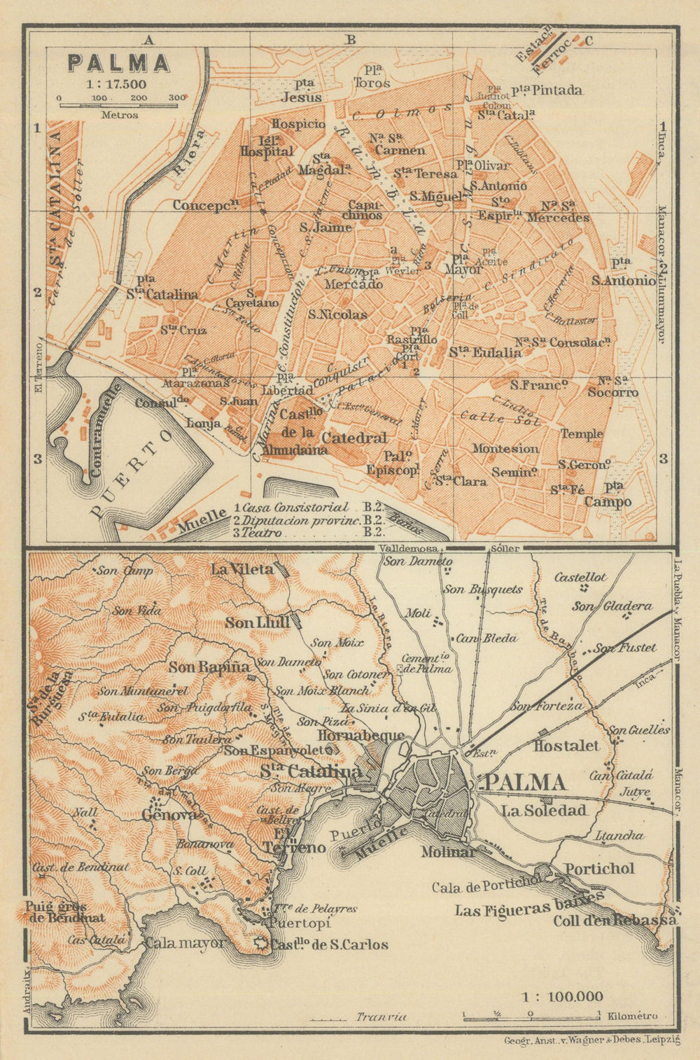 PALMA DE MALLORCA town city plan & environs. Majorca. Spain España 1908 map