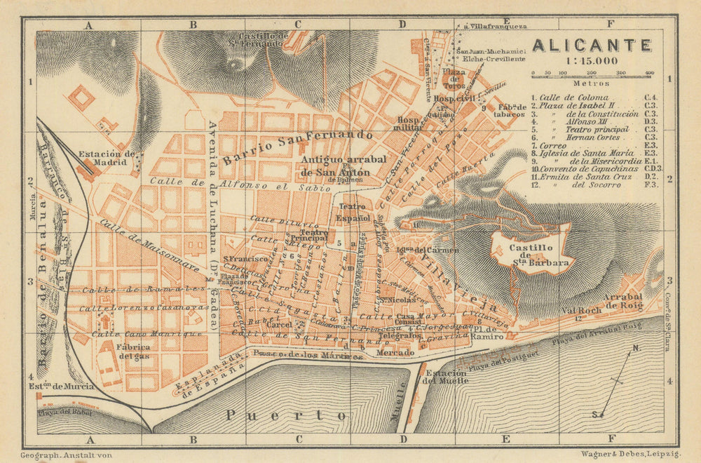 ALICANTE antique town city ciudad plan. Spain España mapa. BAEDEKER 1908