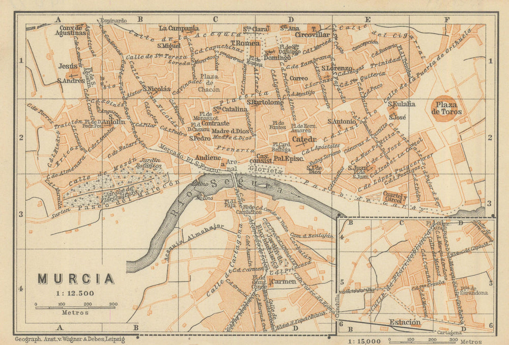 MURCIA antique town city ciudad plan. Spain España mapa. BAEDEKER 1908 old