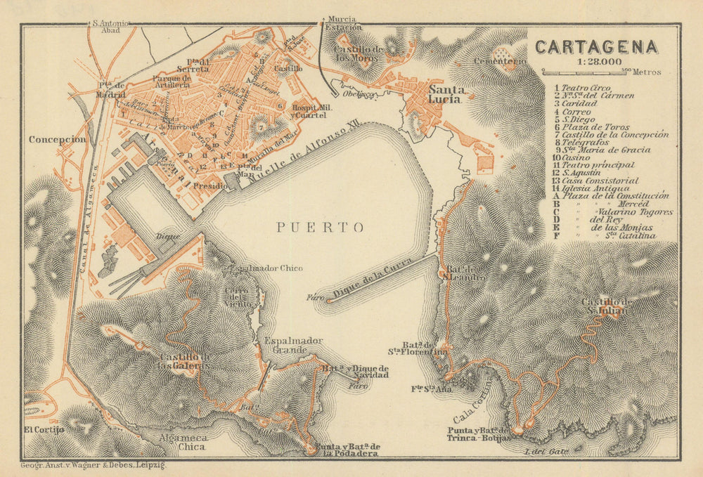 CARTAGENA antique town city ciudad plan. Spain España mapa. BAEDEKER 1908