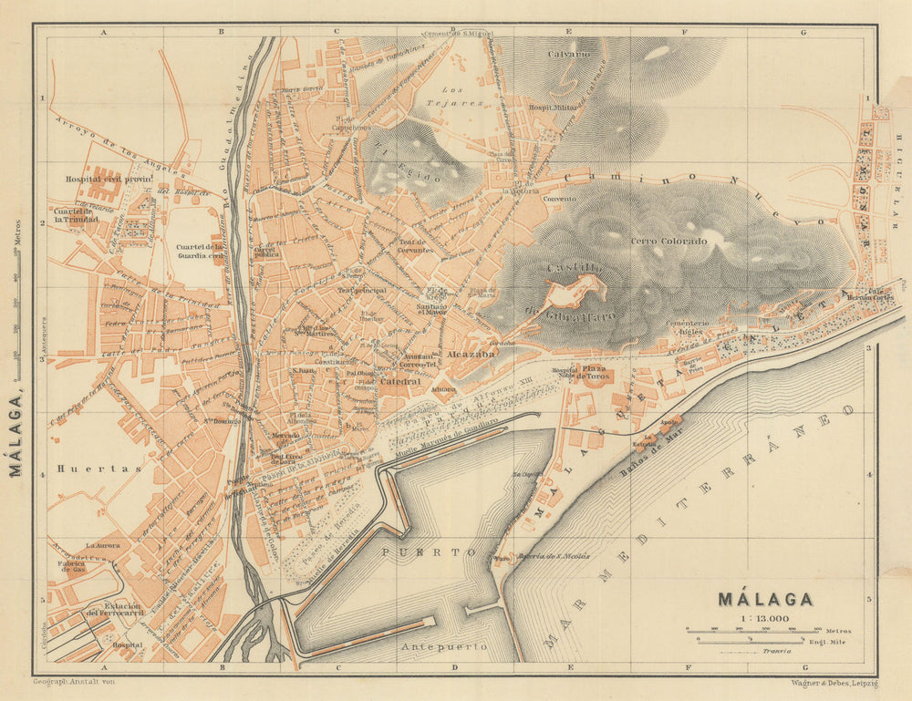 MALAGA MÁLAGA town city ciudad plan & environs. Spain España mapa 1908 old