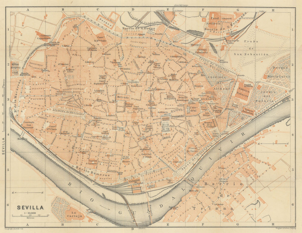 SEVILLE SEVILLA antique town city ciudad plan. Spain España mapa 1908 old