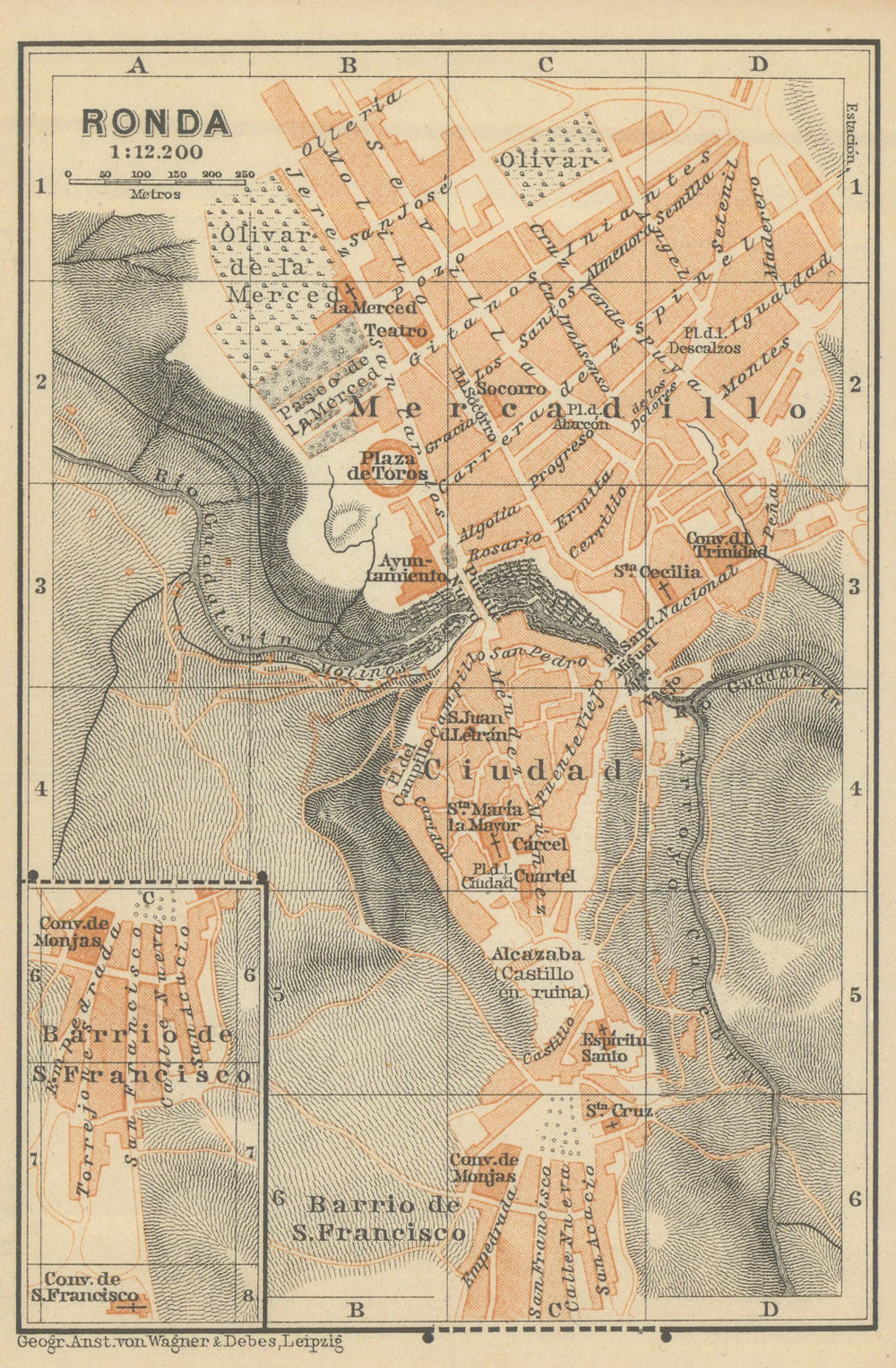 RONDA antique town city ciudad plan. Spain España mapa. BAEDEKER 1908 old