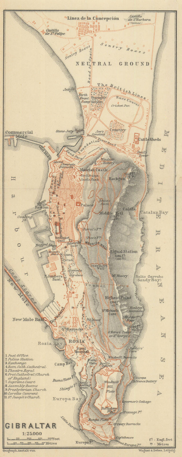 GIBRALTAR antique town city plan. Gibraltar. BAEDEKER 1908 old map