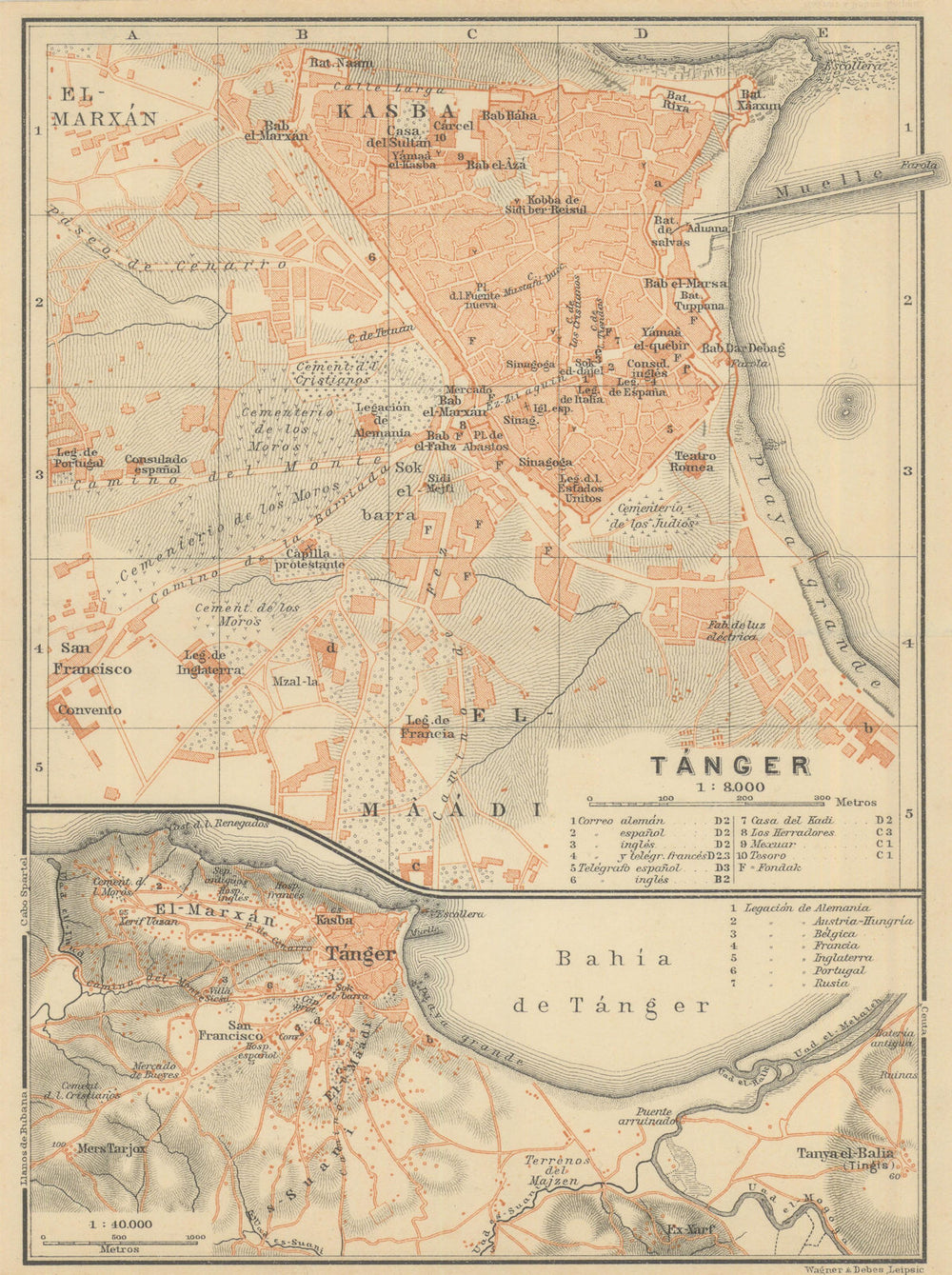 TANGIER TÁNGER antique town city plan & environs. Morocco carte 1908 old map