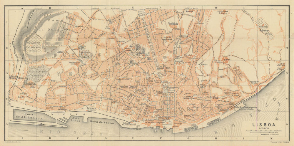 LISBON LISBOA antique town city plano de la cidade. Portugal mapa 1908 old