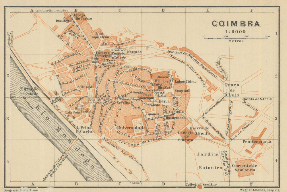 COIMBRA antique town city plano de la cidade. Portugal mapa. BAEDEKER 1908