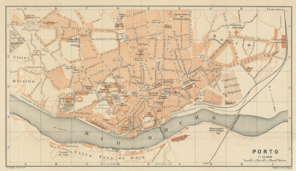 OPORTO PORTO antique town city plano de la cidade. Portugal mapa 1908 old