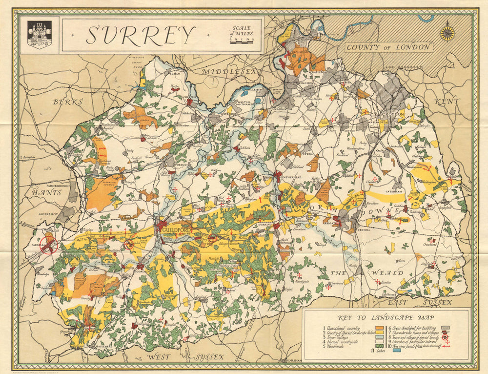 Vintage Surrey county tourist map by William Harding Thompson 1934 old