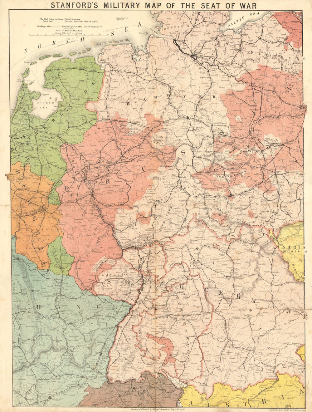 'Stanford's military map of the seat of war'. Franco-Prussian War. Germany 1870