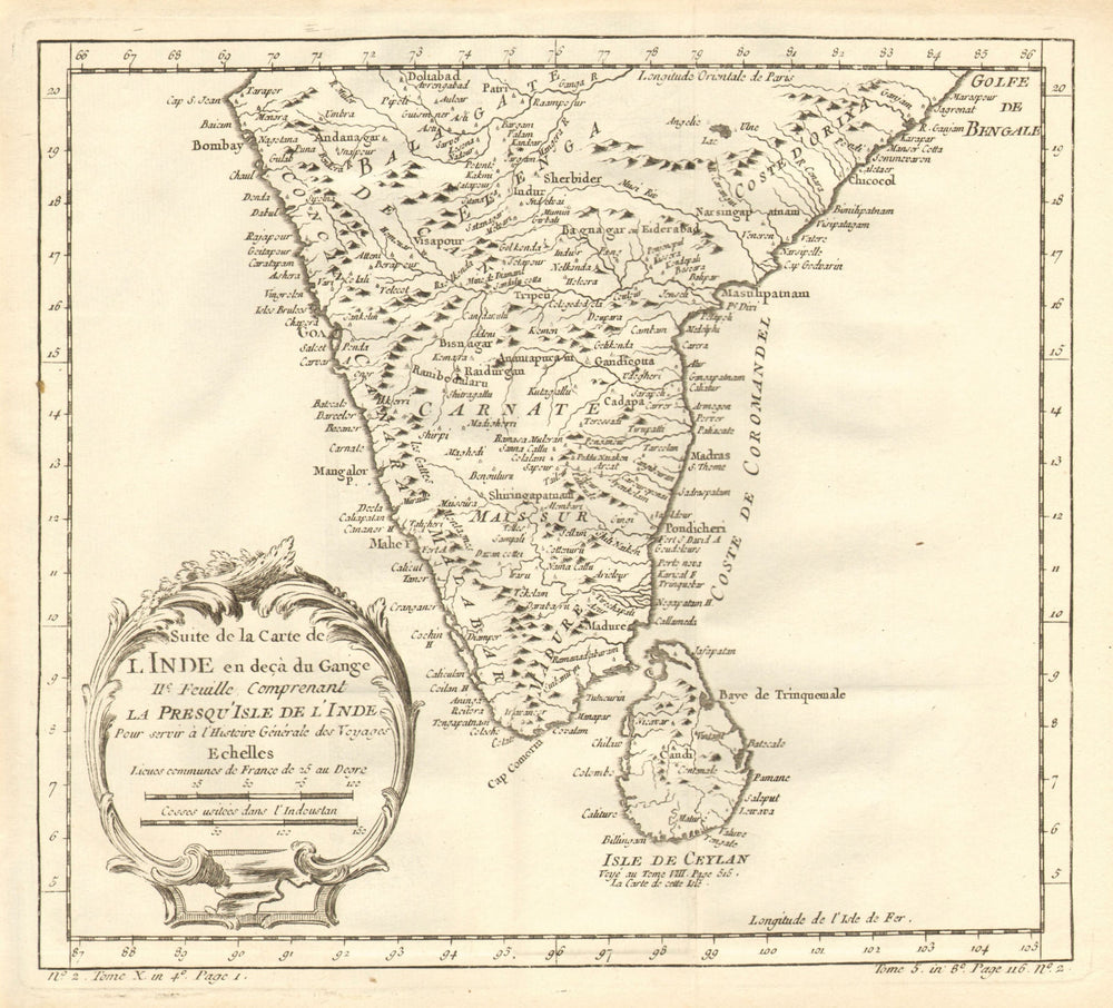 'Suite de l'Inde en deçà du Gange' South India Sri Lanka Ceylon. BELLIN 1758 map