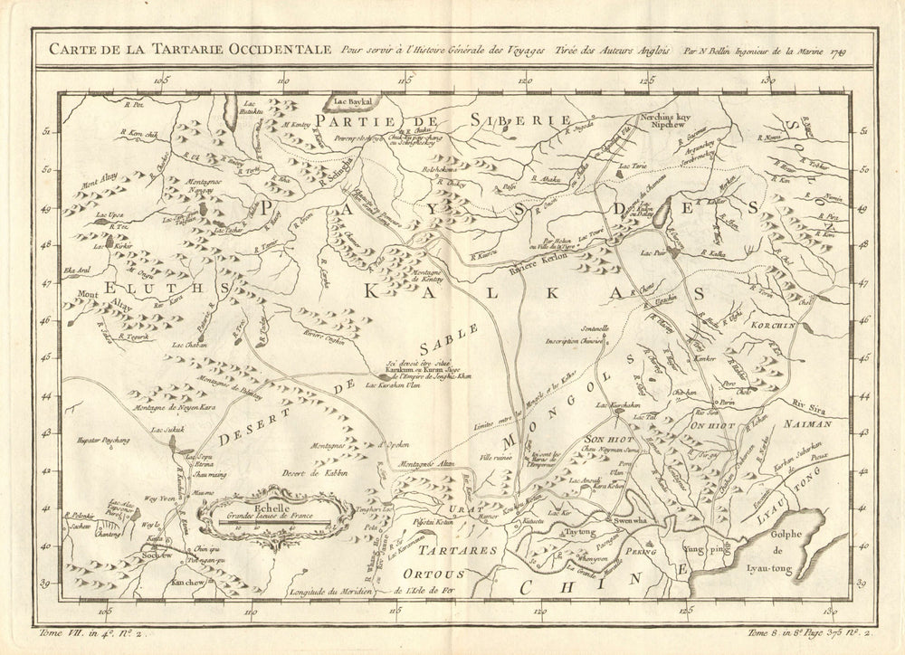 'Tartarie Occidentale'. Western Tartary. N China & Mongolia. BELLIN 1758 map