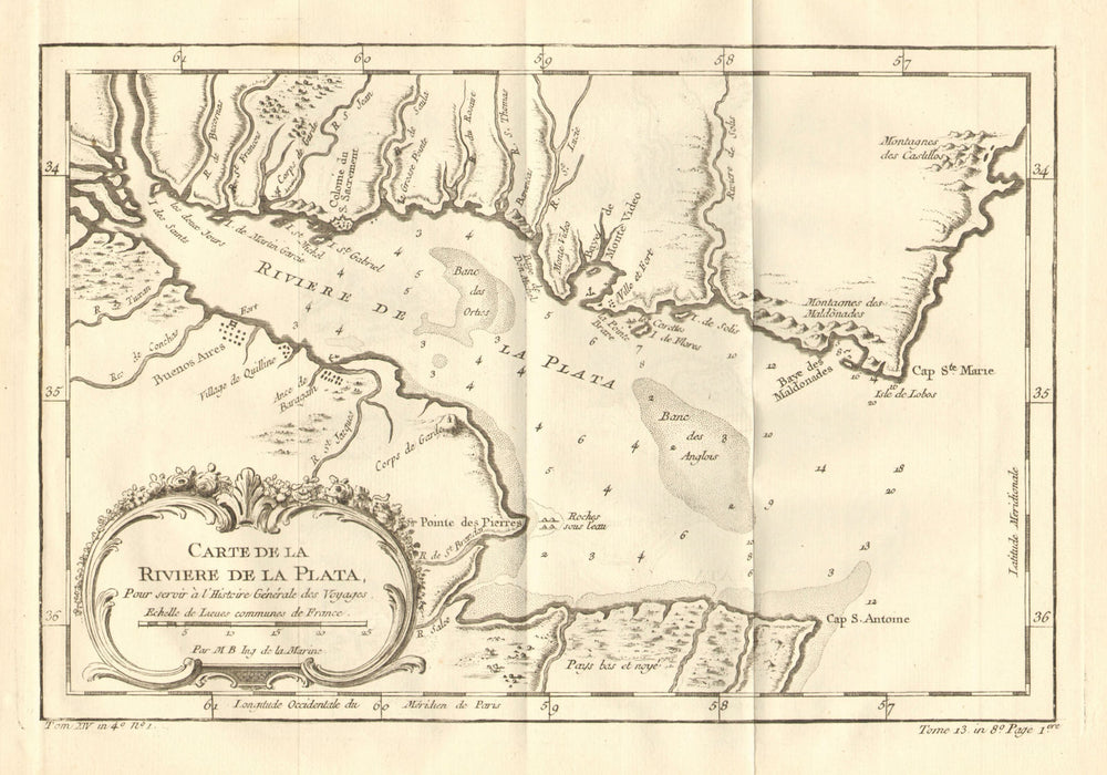 Río or 'Riviere de la Plata'. River Plate. Argentina & Uruguay. BELLIN 1758 map