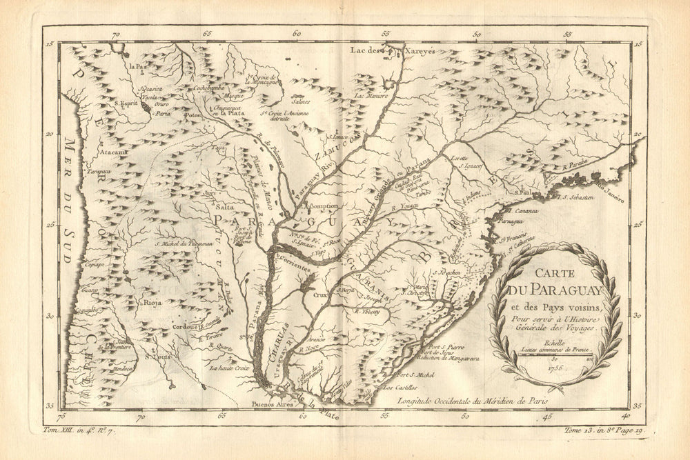 'Paraguay et des pays voisins'. Central South America. BELLIN 1758 old map