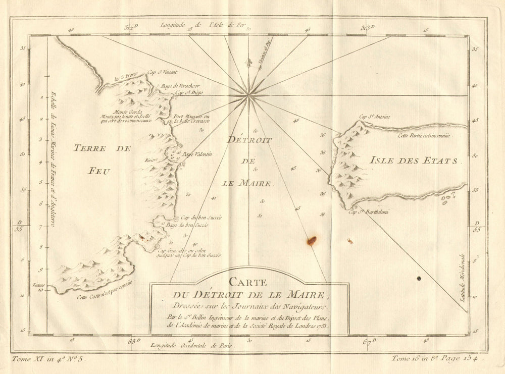 'Detroit de Le Maire' Strait, Tierra del Fuega, Argentina. BELLIN 1758 old map