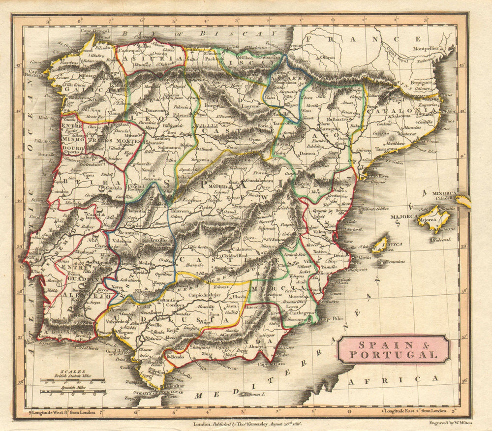 'Spain & Portugal' by Milton/Kinnersley. Iberia 1816 old antique map chart