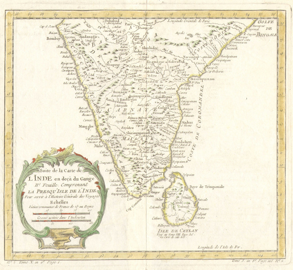 'Suite de l'Inde en deçà du Gange' South India Sri Lanka Ceylon BELLIN c1752 map