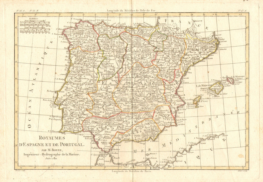 'Royaumes d'Espagne et de Portugal.' by Rigobert Bonne. Iberia Spain 1780 map