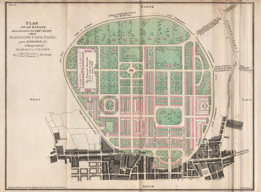 Leverton & Chawner's Regent's Park plan. Marybone Park Farm. Marylebone 1815 map
