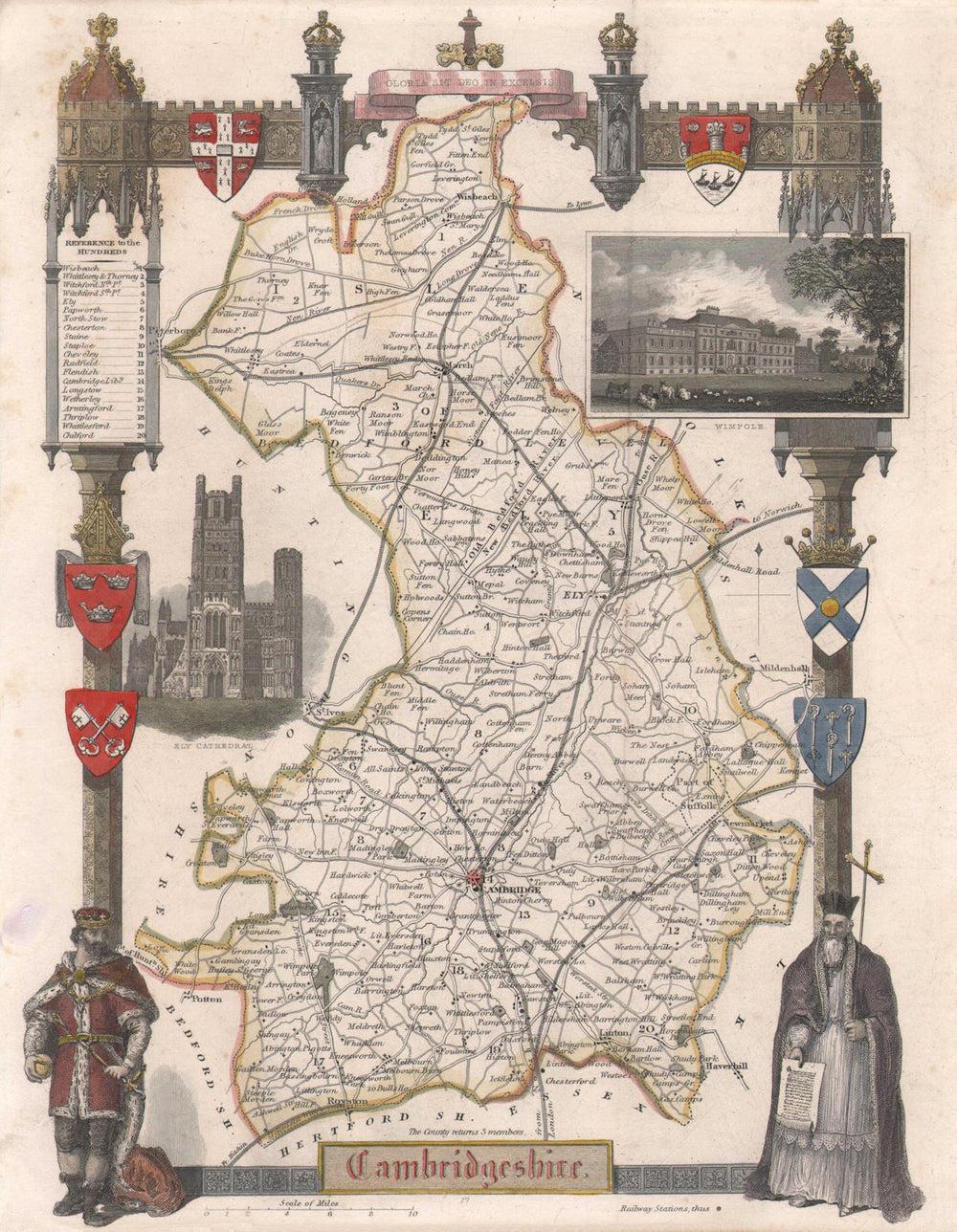 Cambridgeshire antique hand-coloured county map. Railways. MOULE c1840 old