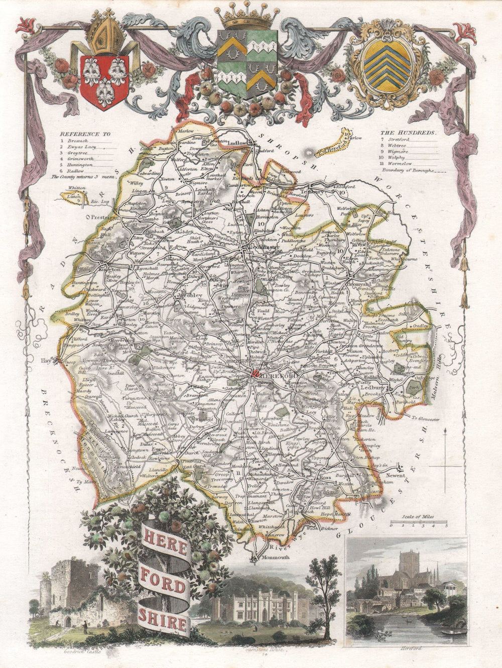 Herefordshire antique hand-coloured county map by Thomas MOULE c1840 old