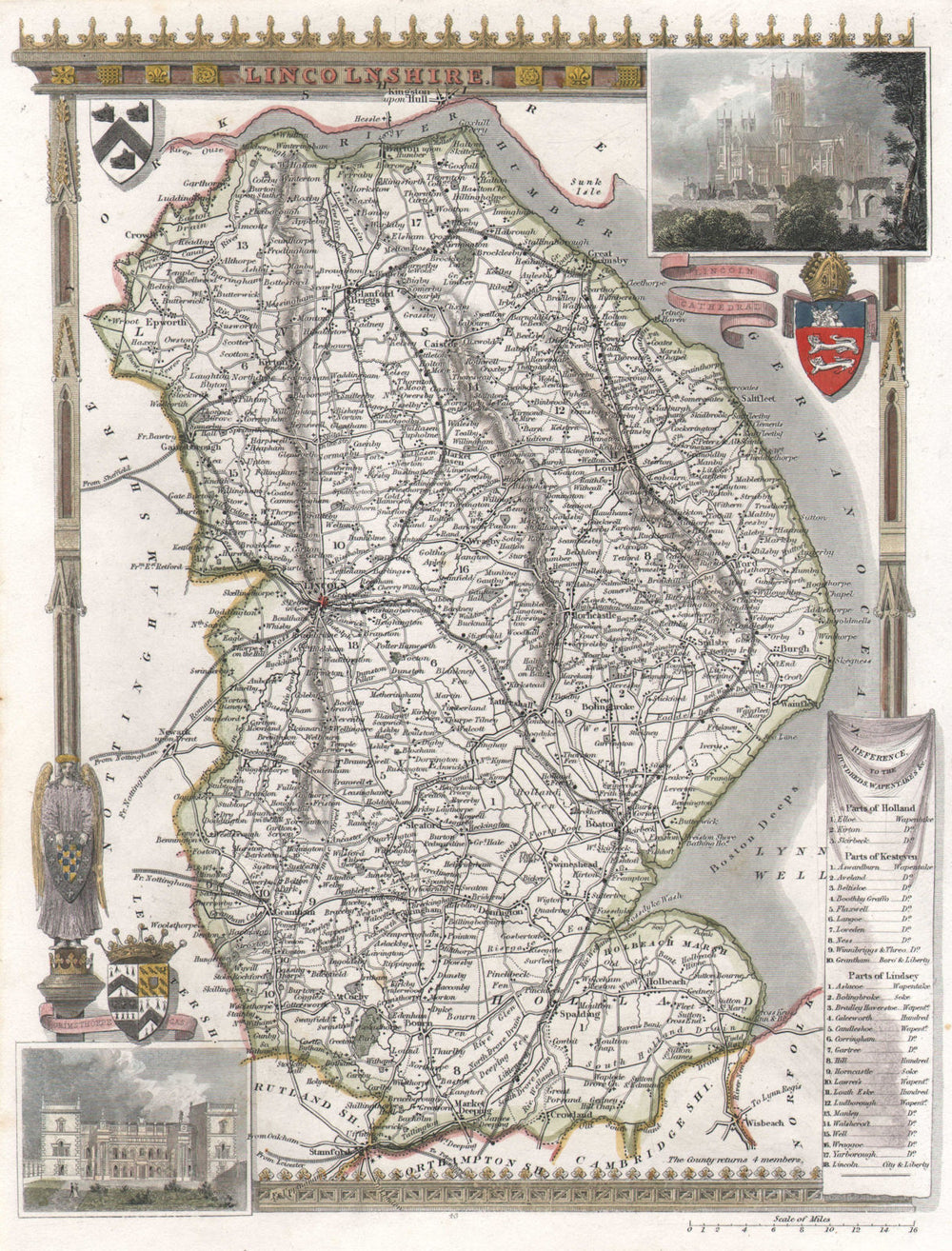Lincolnshire antique hand-coloured county map. Railways. MOULE c1840 old