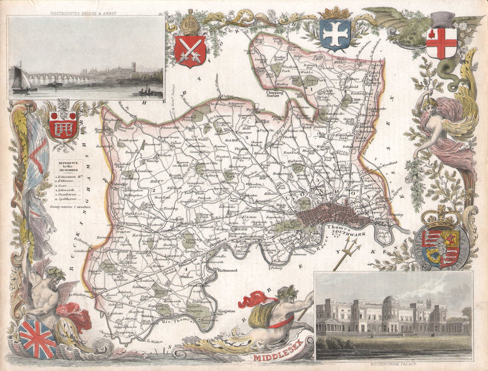 North & West LONDON. Middlesex antique hand-coloured county map. MOULE c1840