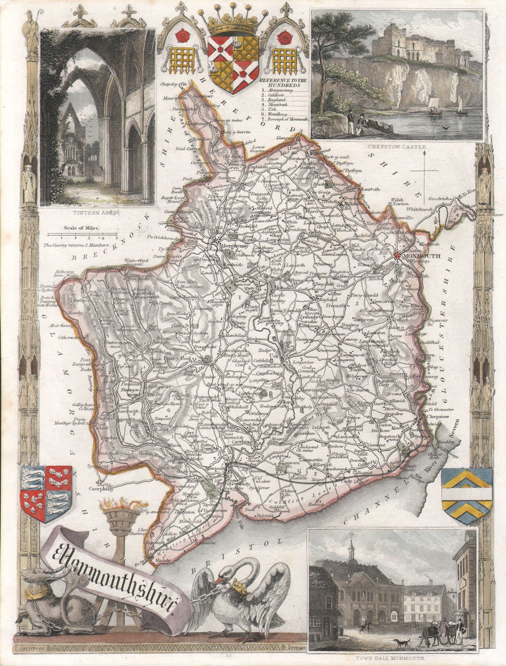 Monmouthshire antique hand-coloured county map. Railways. MOULE c1840 old