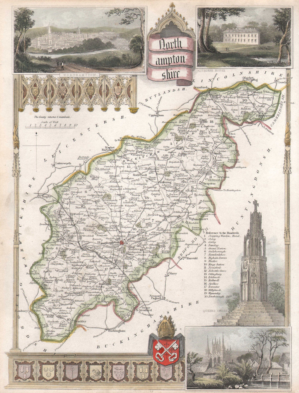 Northamptonshire antique hand-coloured county map. Railways. MOULE c1840