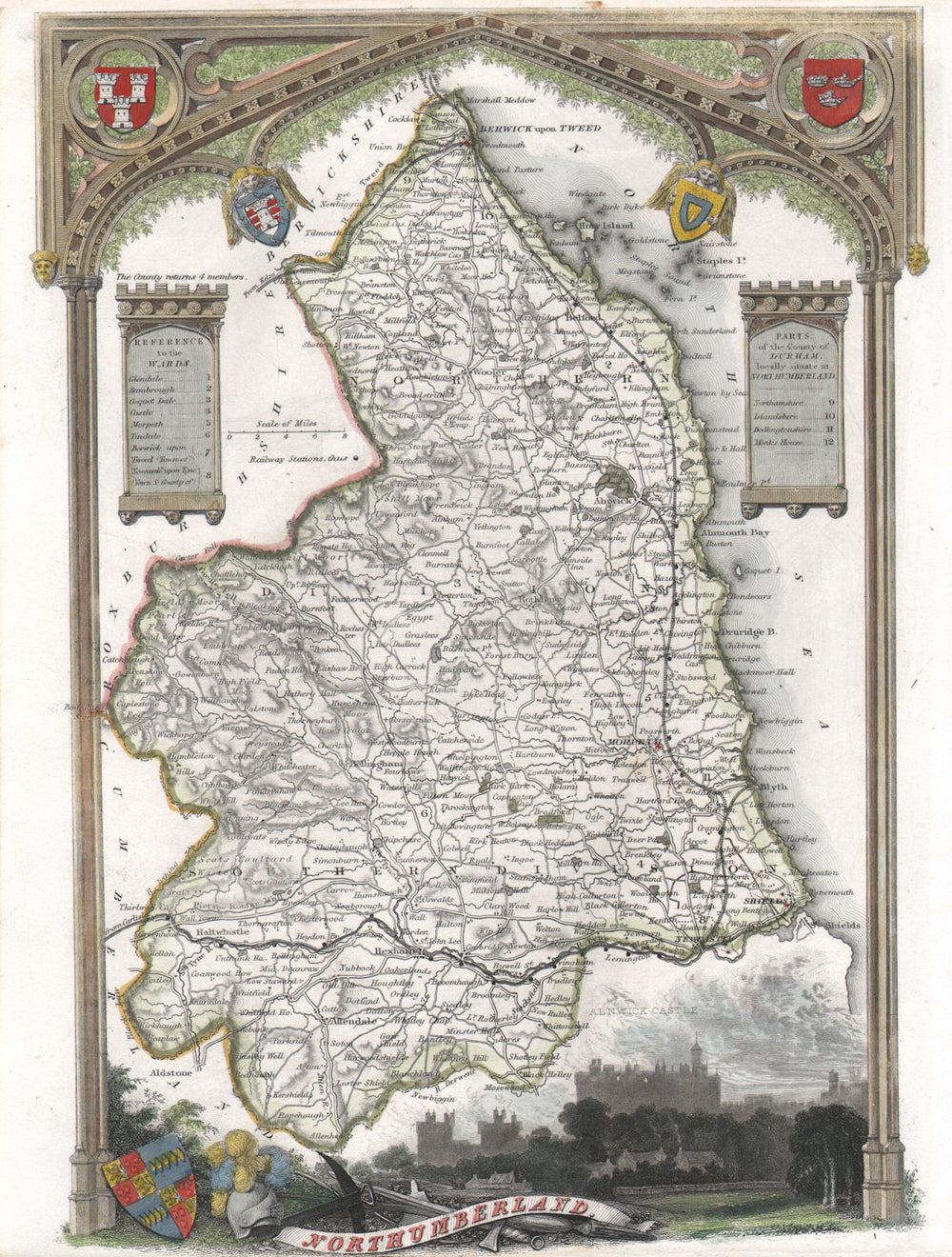 Northumberland antique hand-coloured county map. Railways. MOULE c1840 old
