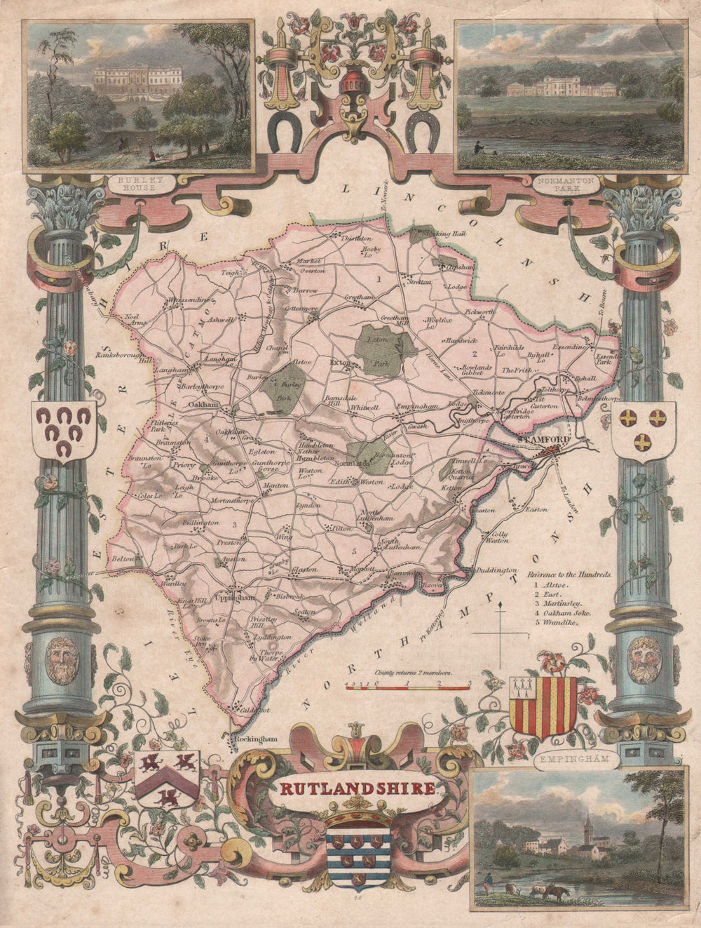 Rutlandshire antique hand-coloured county map. Pink & turquoise. MOULE c1840