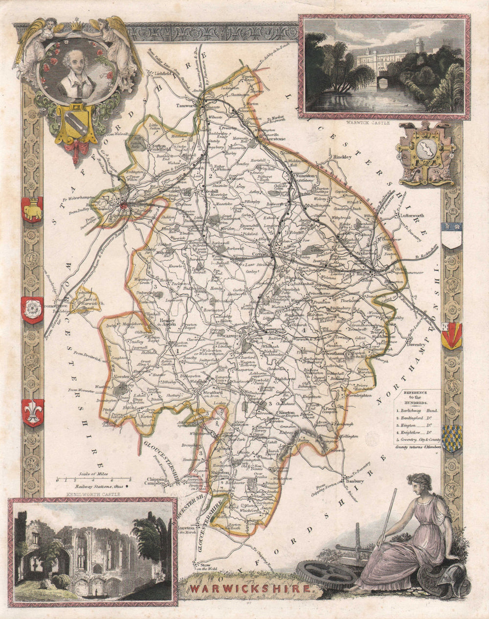 Warwickshire antique hand-coloured county map. Railways. MOULE c1840 old