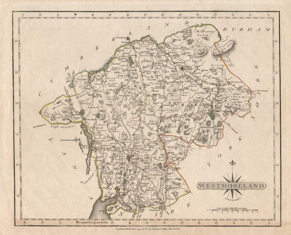 LAKE DISTRICT East by JOHN CARY. Windermere Ullswater Kendal Ambleside 1793 map