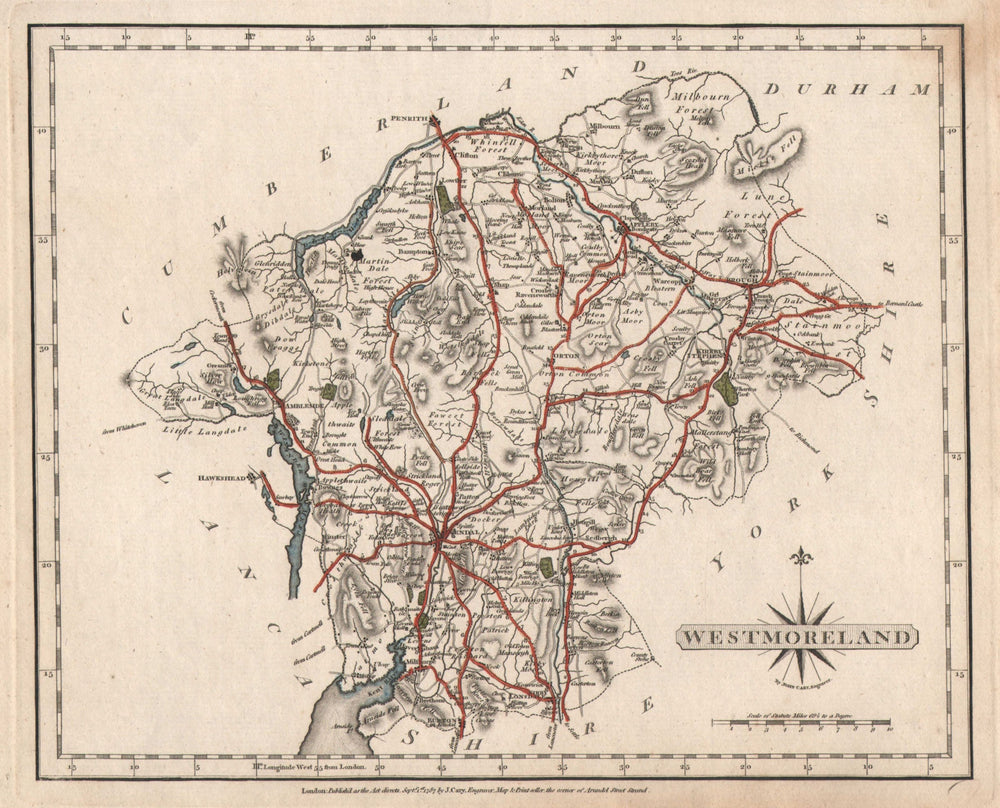 Antique WESTMORELAND / Lake District east map. JOHN CARY. Roads. Old colour 1787