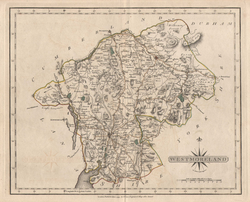 Antique WESTMORELAND / Lake District east map. JOHN CARY. Original colour 1793