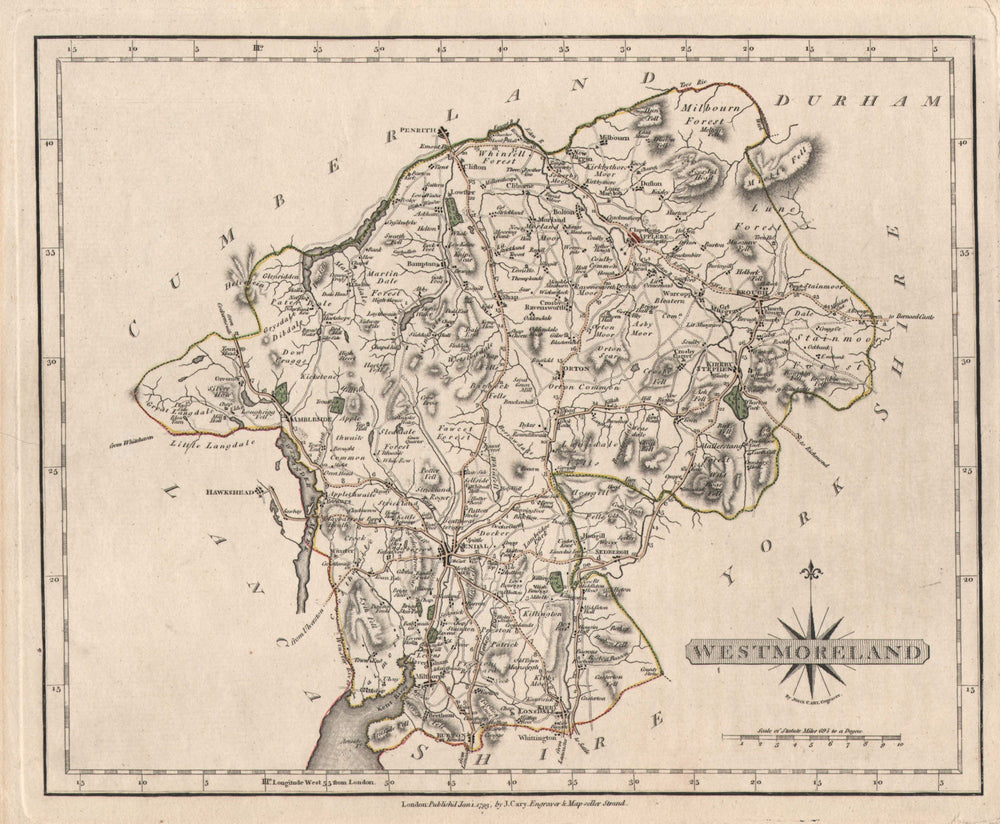 Antique LAKE DISTRICT east map. CARY. Kendal Appleby Ambleside Windermere 1793