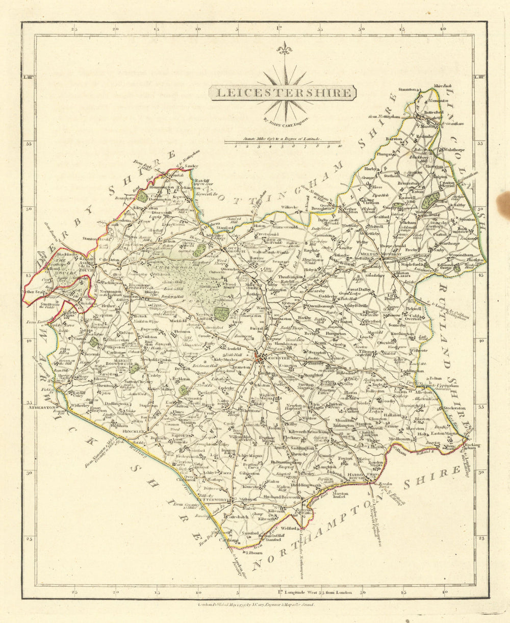 Antique county map of LEICESTERSHIRE by JOHN CARY. Original outline colour 1793