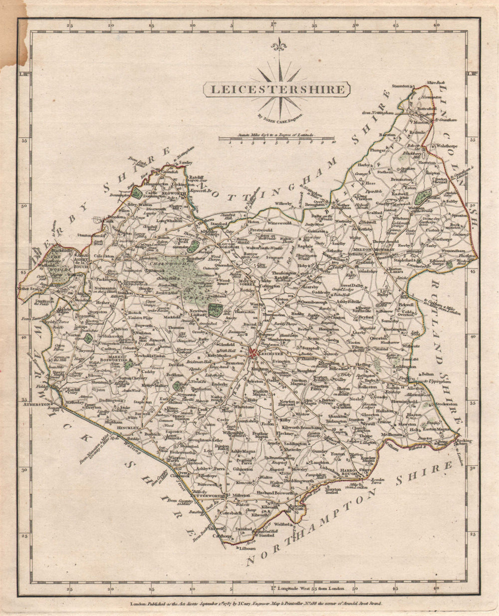Antique LEICESTERSHIRE county map. JOHN CARY. Market Harborough. Charnwood 1787