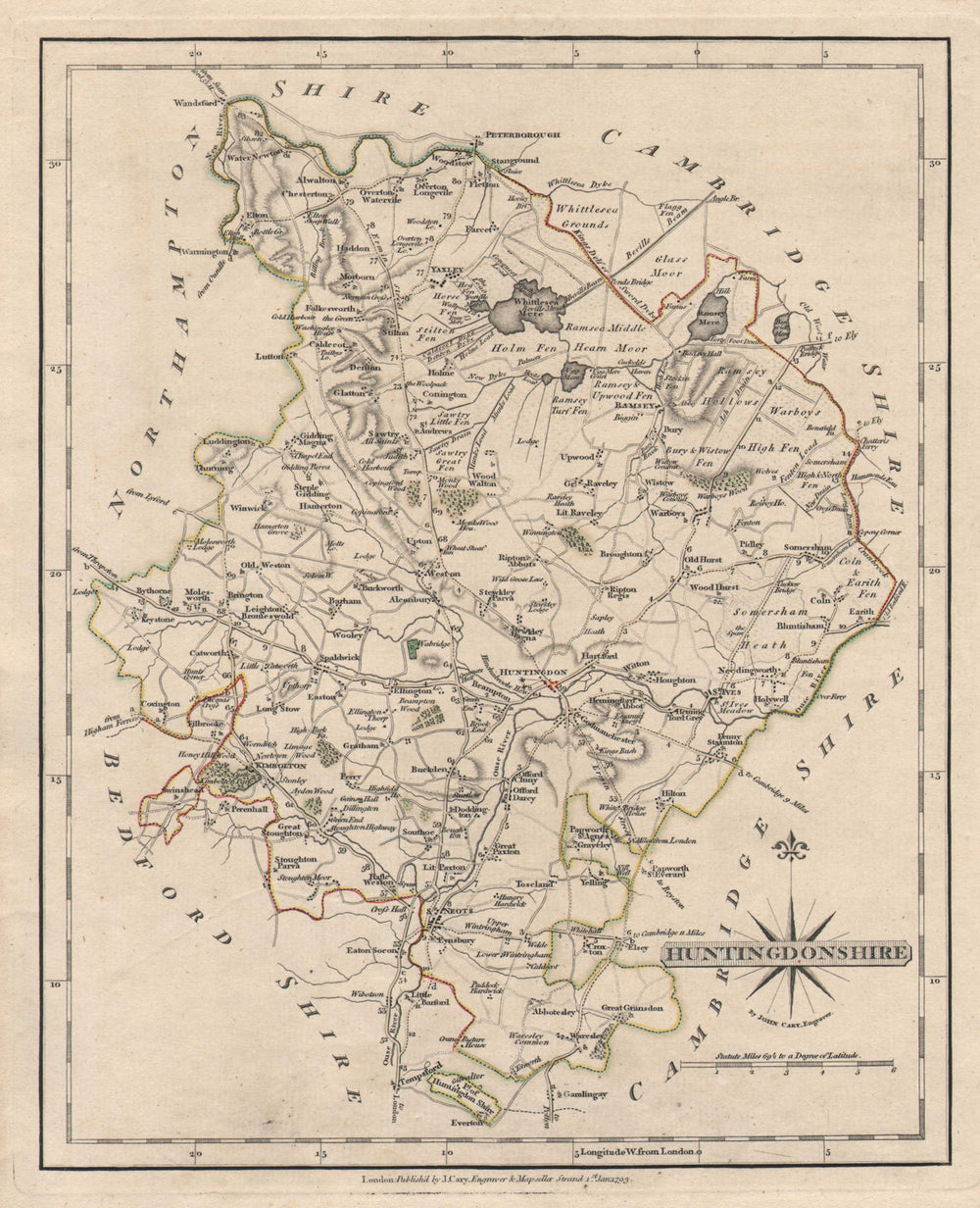 Antique county map of HUNTINGDONSHIRE by JOHN CARY. Original outline colour 1793