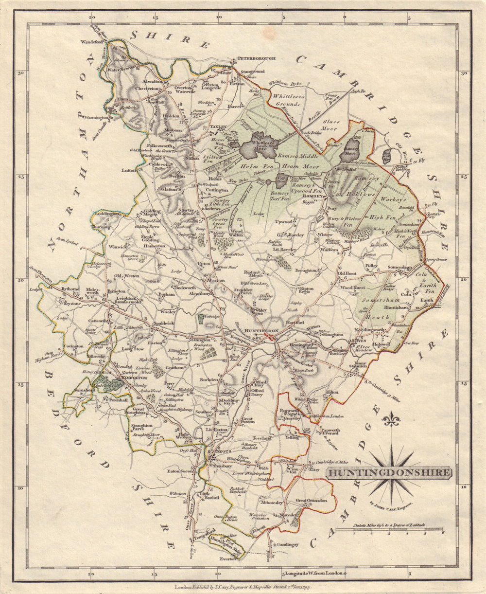 Antique county map of HUNTINGDONSHIRE by JOHN CARY. Fens Moors Yaxley 1793