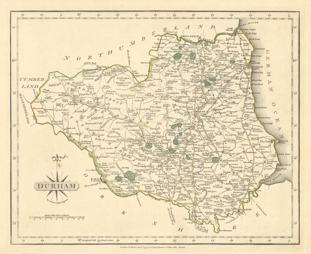 Antique county map of DURHAM by JOHN CARY. Original outline colour 1793