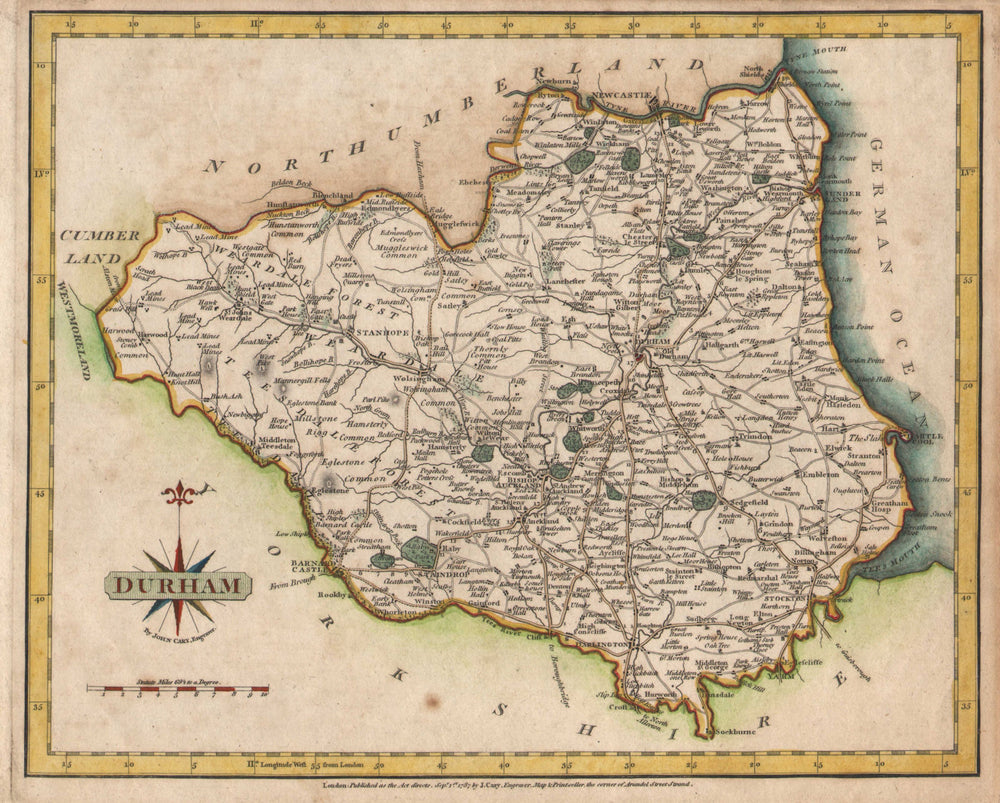 Antique county map of DURHAM by JOHN CARY. Newcastle-upon-Tyne. Teeside 1787