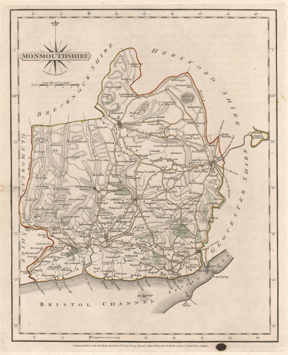 Antique county map of MONMOUTHSHIRE by JOHN CARY. Pontypool Abergavenny 1787